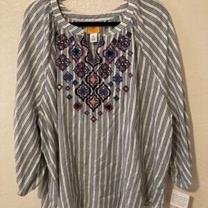 Ruby Rd. Navy Striped Blouse with Colorful Embroidery
